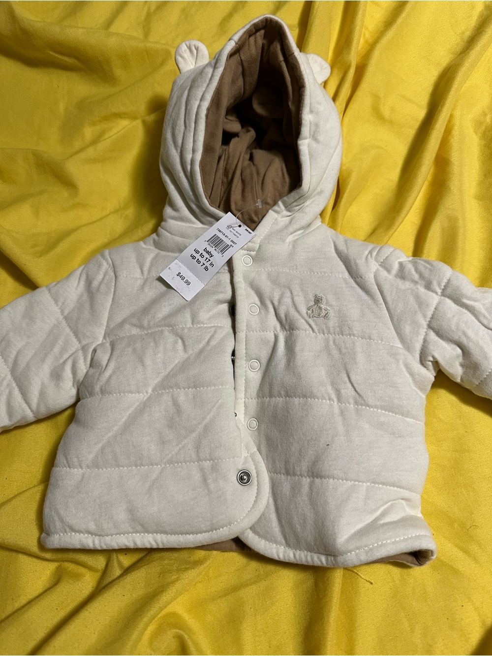 GAP Cream Quilted Baby Jacket with Brown Lined Hood